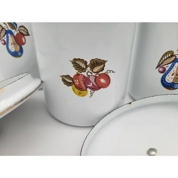 Midcentury 1960's Signed Georges Briard Fruit and Flower Enamelware Canister Set